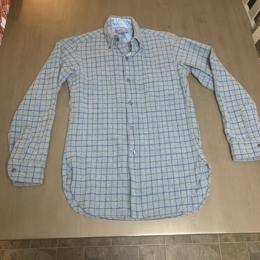 vintage PENDLETON LODGE WOOL FLANNEL SHIRT Made USA Blue Plaid sz S Early 60's
